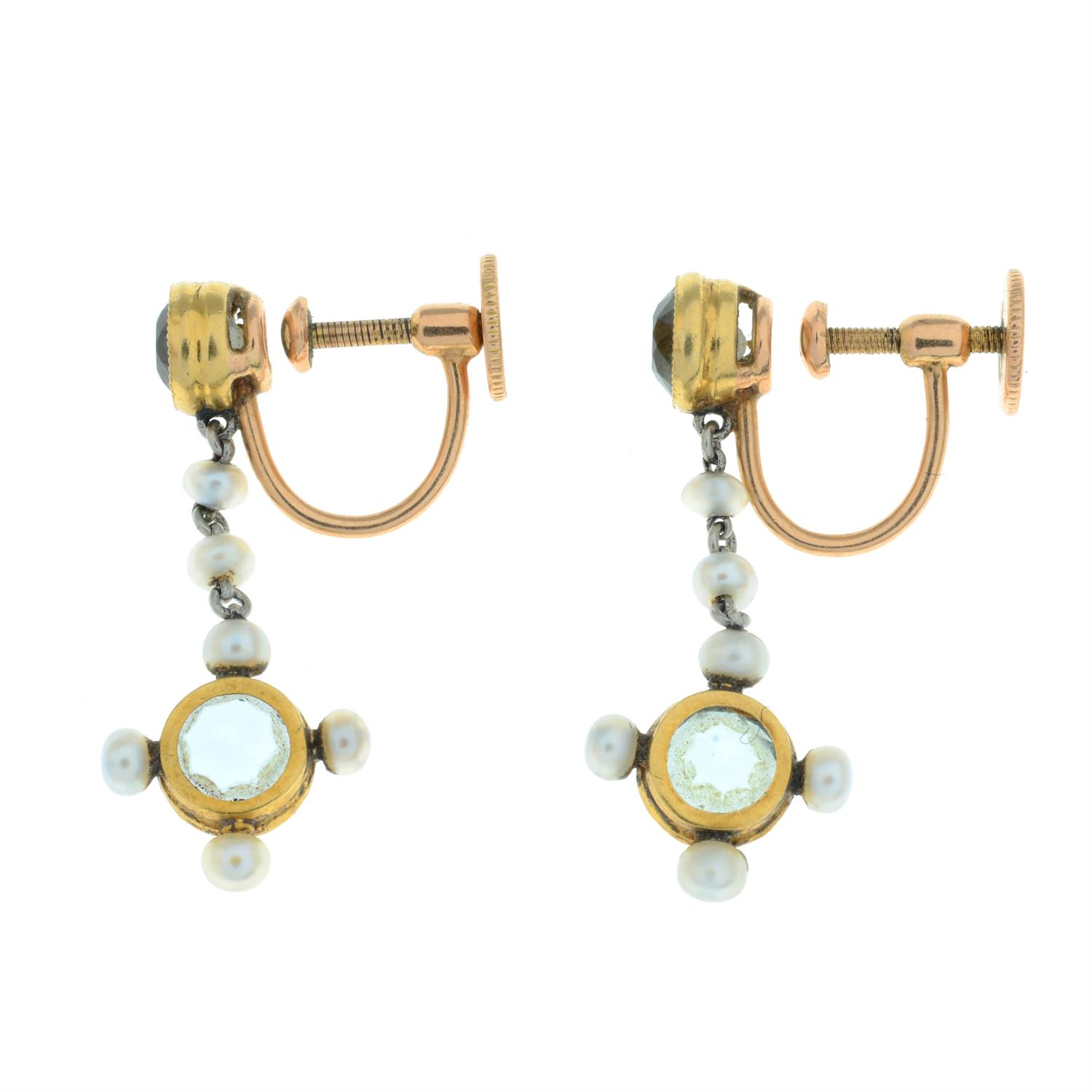 A pair of early 20th century gold aquamarine and seed pearl drop earrings. - Image 3 of 3