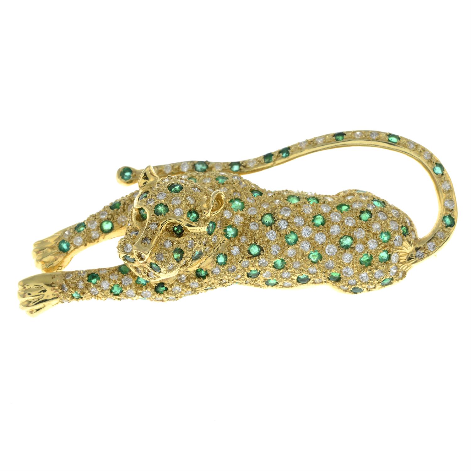 An emerald and brilliant-cut diamond pavé-set leopard brooch. - Image 2 of 4