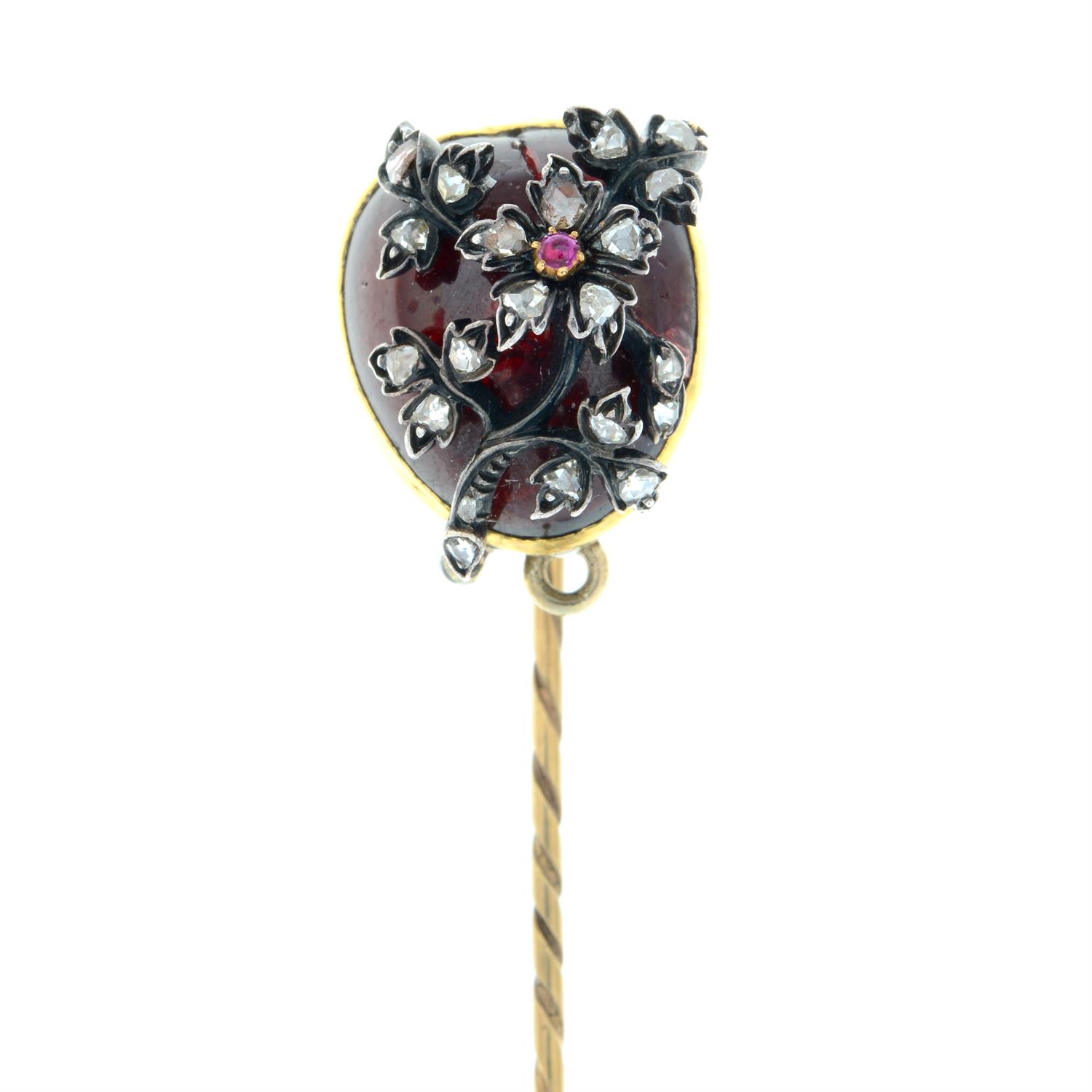 A 19th century gold garnet stickpin, with ruby and rose-cut diamond floral overlay, - Image 2 of 6