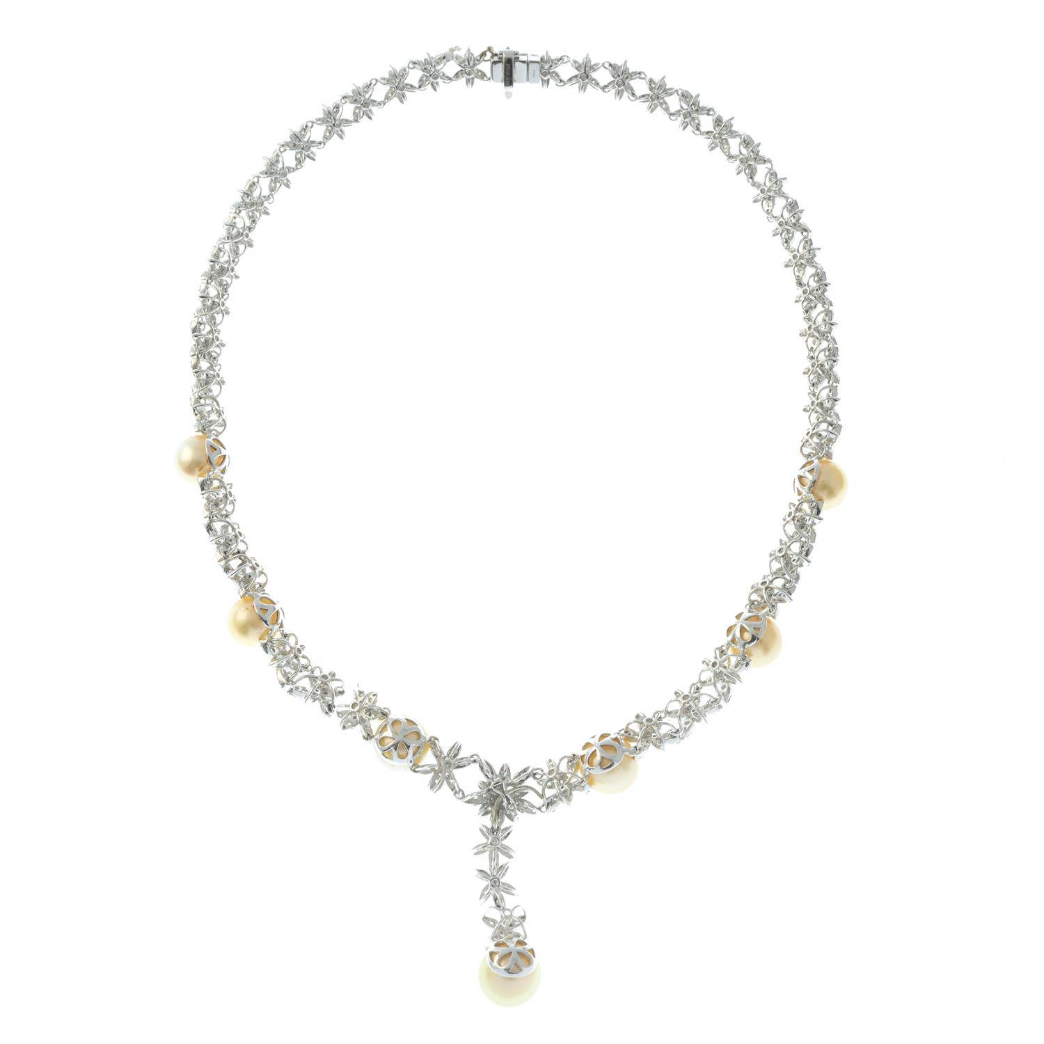 A necklace, designed as a series of graduated brilliant-cut diamond flowers, with cultured pearl - Image 3 of 4