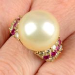 A South Sea cultured pearl, ruby and diamond cocktail ring.