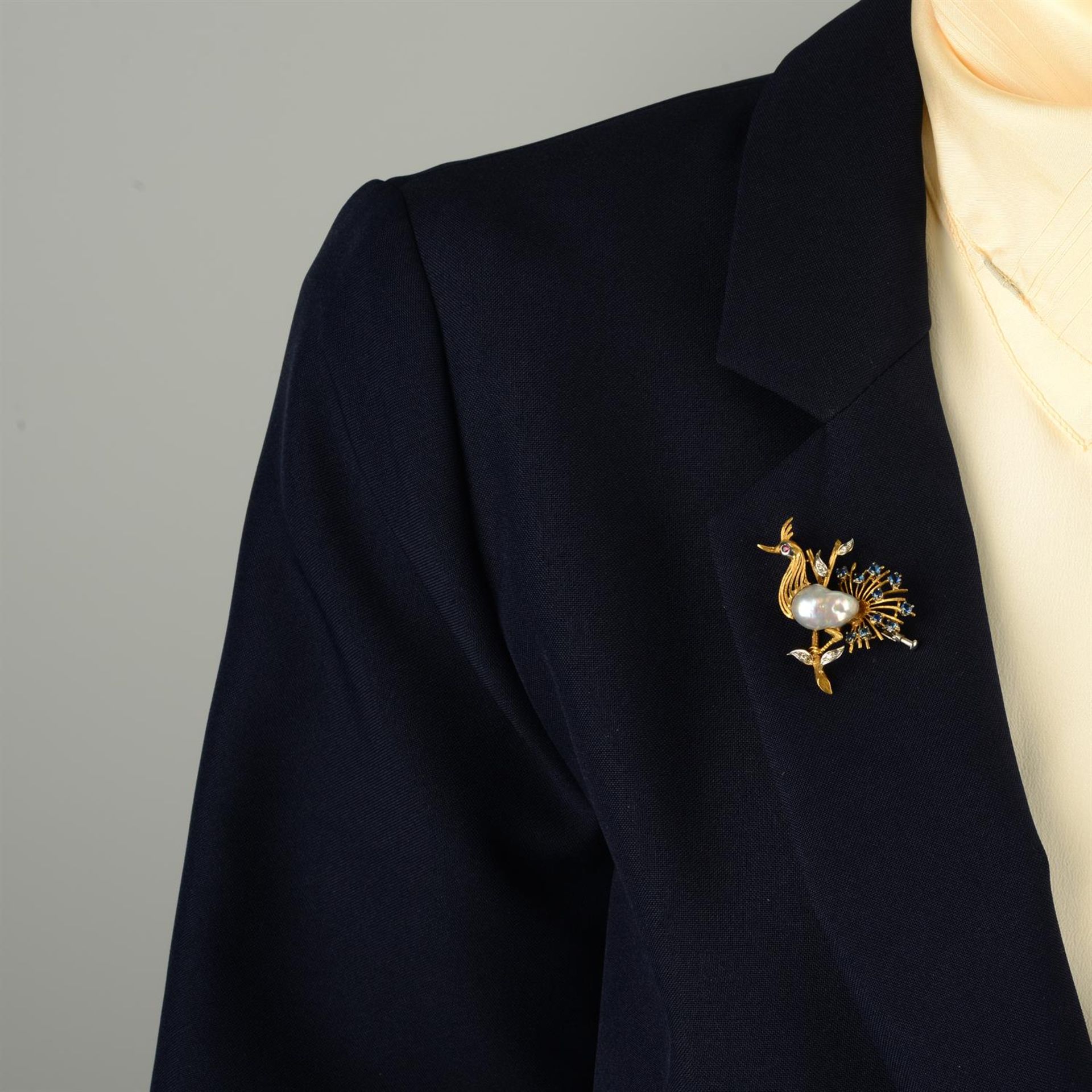 A mid 20th century 18ct gold baroque cultured pearl, sapphire and diamond bird brooch, - Image 4 of 4