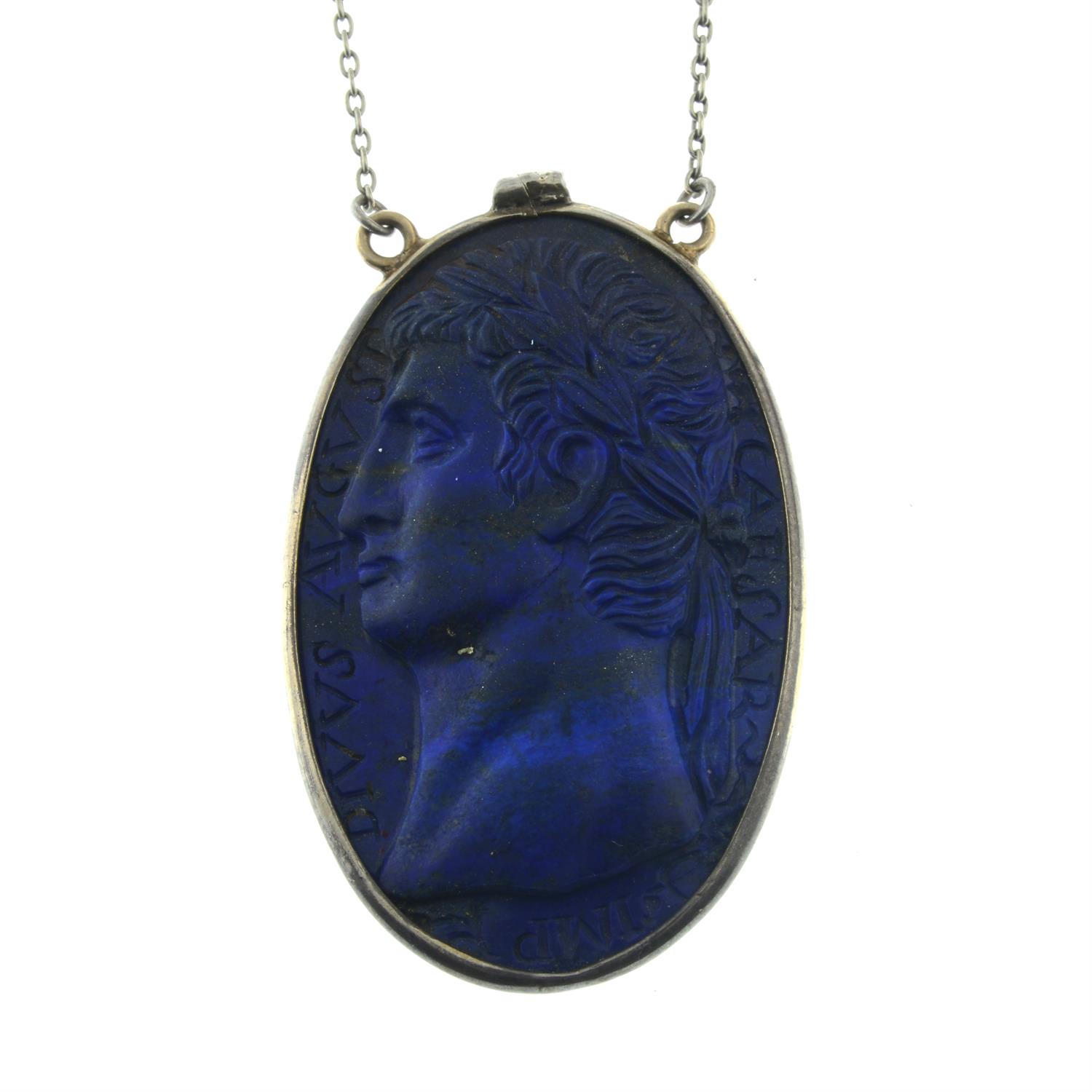 An early 20th century carved lapis lazuli cameo pendant, depicting Augustus Caesar, - Image 2 of 5