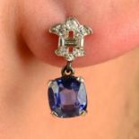 A pair of Sri Lankan sapphire and vari-cut diamond earrings.