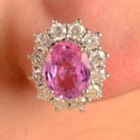 A pair of 18ct gold pink sapphire and brilliant-cut diamond cluster earrings.