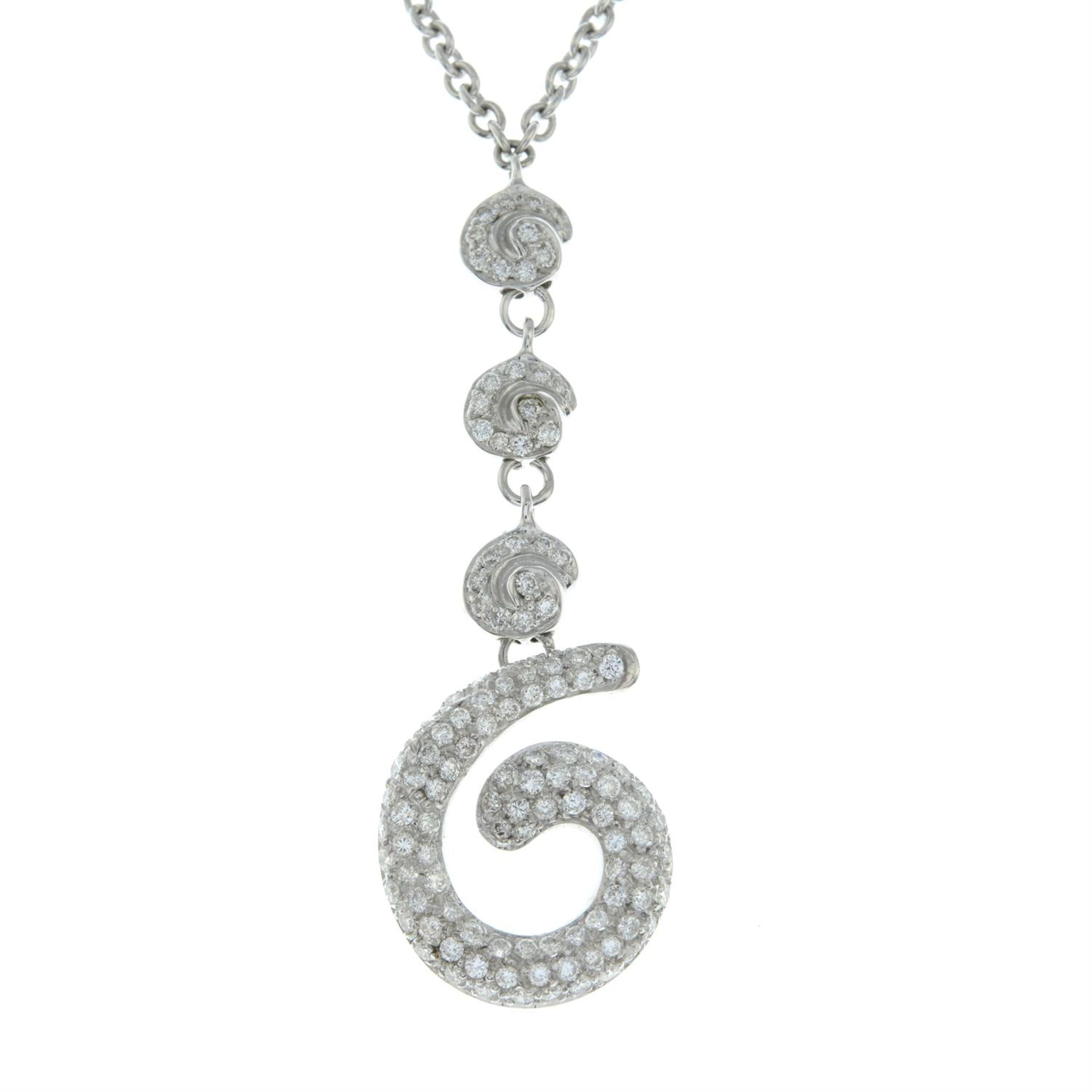 A pavé-set diamond scroll pendant necklace. - Image 2 of 5