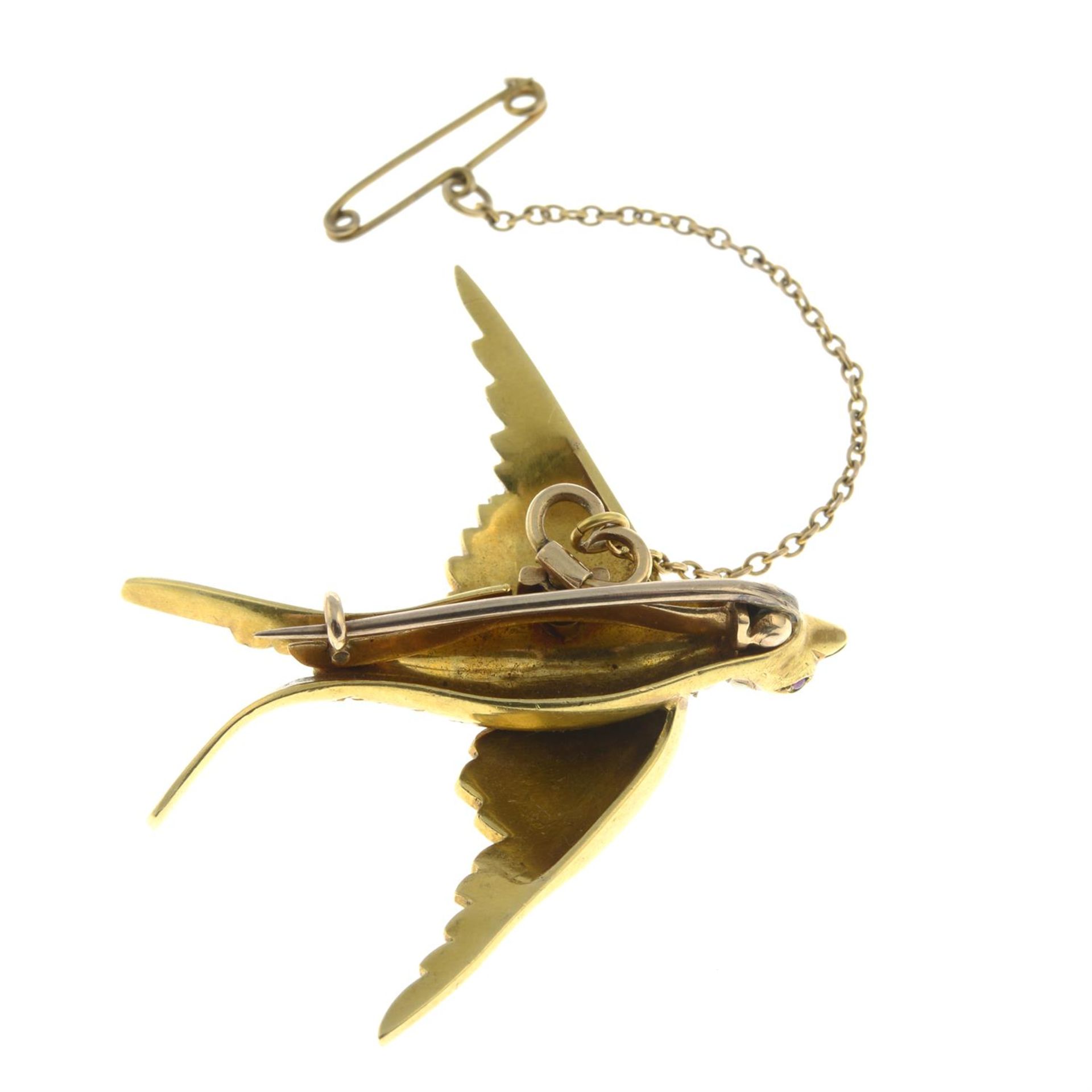 A late Victorian gold split pearl swallow brooch, with ruby eyes. - Image 3 of 4