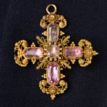 A Georgian gold foil-back pink topaz cannetille brooch/pendant, with glazed hairwork locket to
