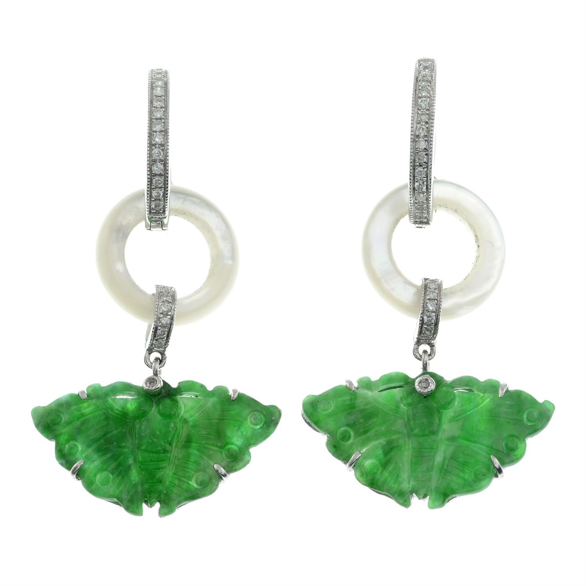 A pair of carved jadeite jade moth earrings, with mother-of-pearl circle 'moon' spacer and - Image 2 of 3