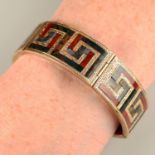 A late Victorian gold Scottish agate inlay panel bracelet, with Greek key motif.