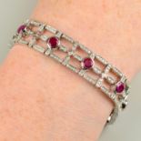 A ruby and brilliant-cut diamond geometric panel bracelet.