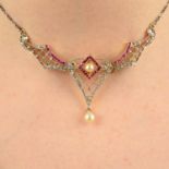 An early 20th century platinum and gold, diamond point, ruby and pearl lattice necklace,