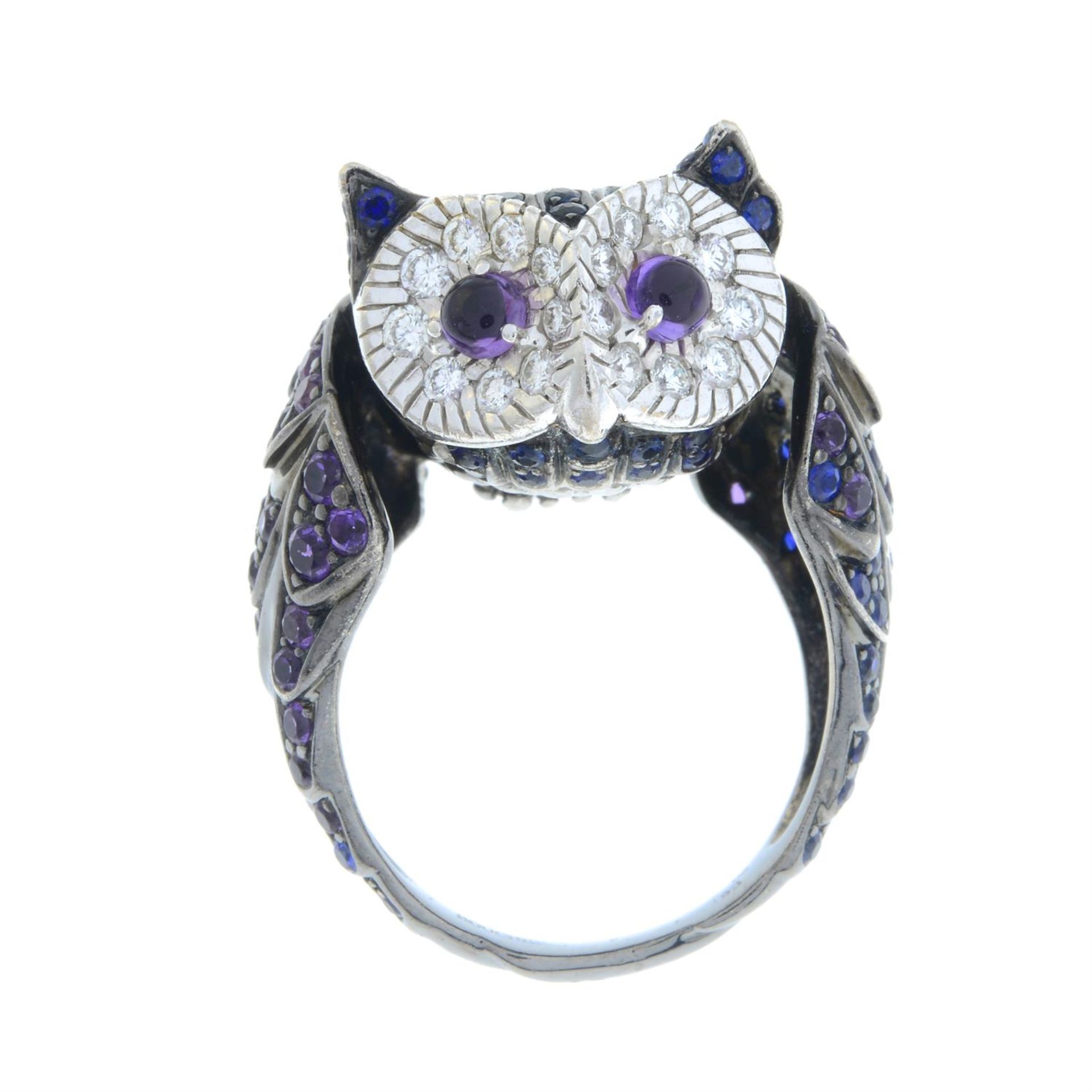 An amethyst, sapphire and brilliant-cut diamond 'Noctua' owl ring, by Boucheron. - Image 3 of 6