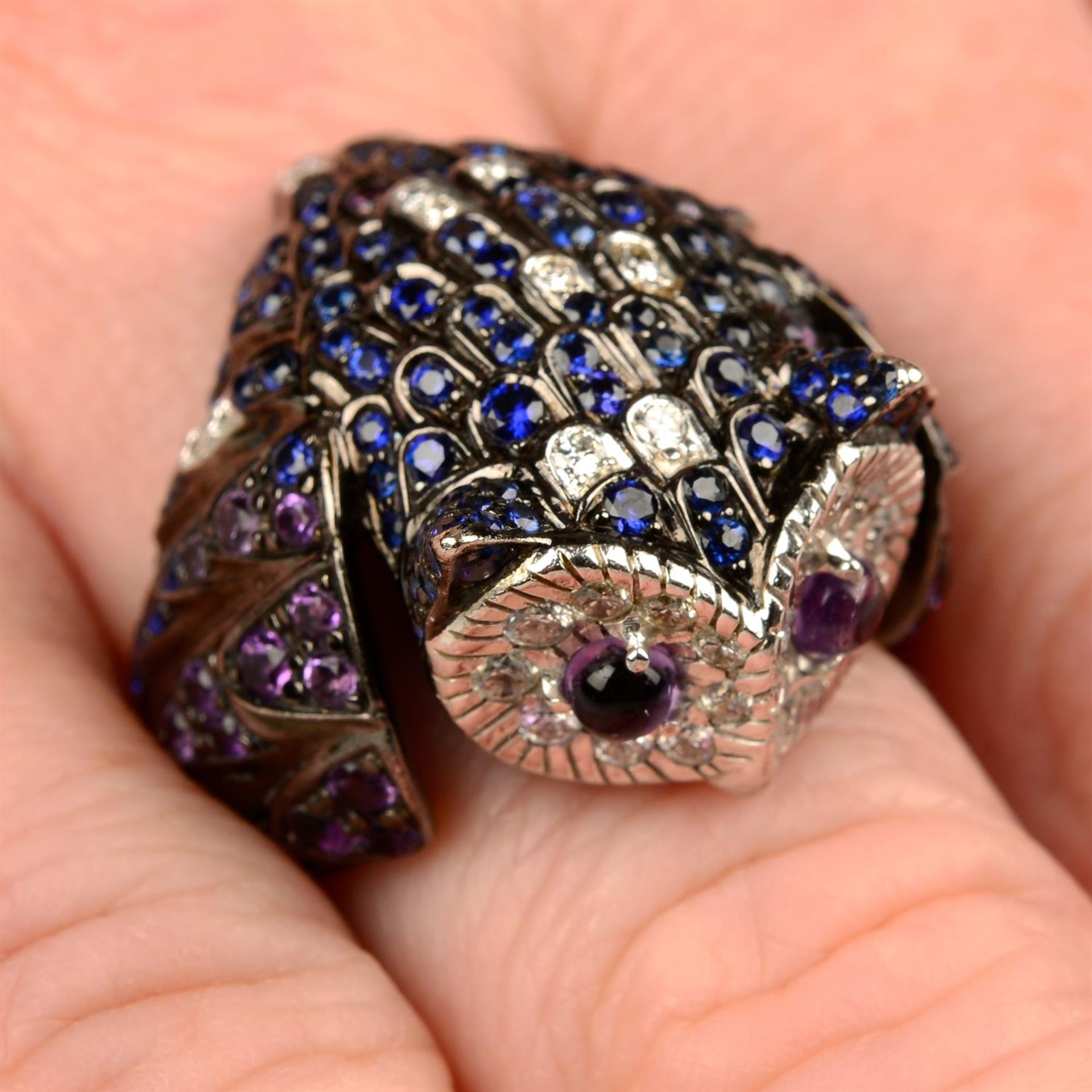 An amethyst, sapphire and brilliant-cut diamond 'Noctua' owl ring, by Boucheron.