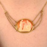 An early 19th century shell cameo, carved to depict Asclepius and Hygieia, on later necklace.