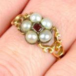 A 19th century 15ct gold garnet and split pearl floral cluster ring.