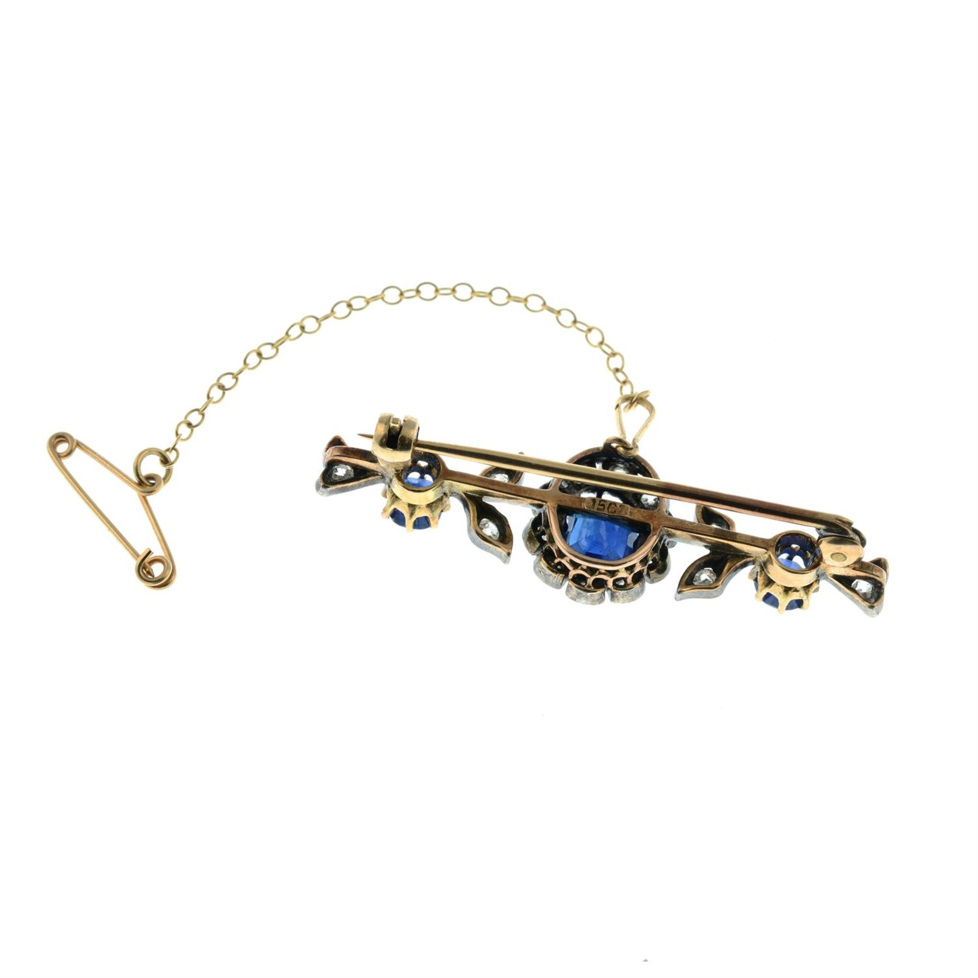A late Victorian 15ct gold sapphire and old-cut diamond floral bar brooch. - Image 3 of 4