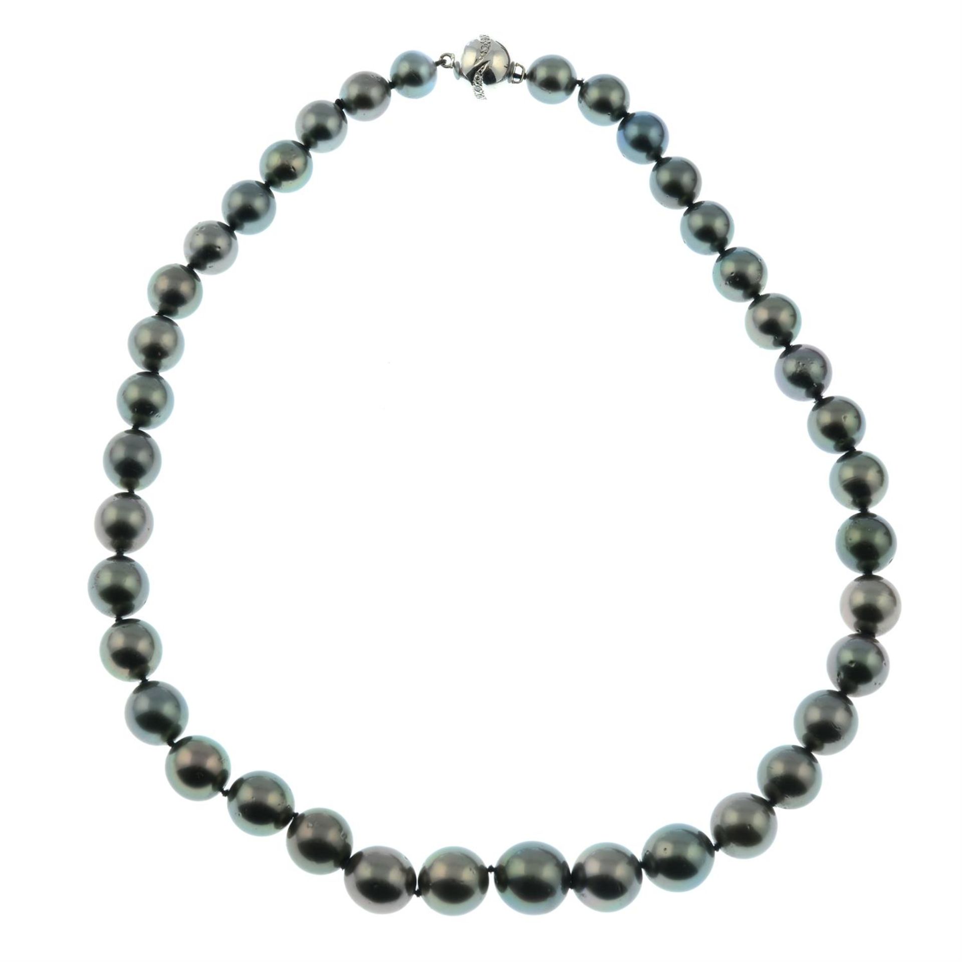 A graduated cultured pearl necklace, with a brilliant-cut diamond clasp. - Image 2 of 3