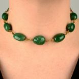 An early 20th century gold aventurine quartz bead necklace, together with a matching bracelet.