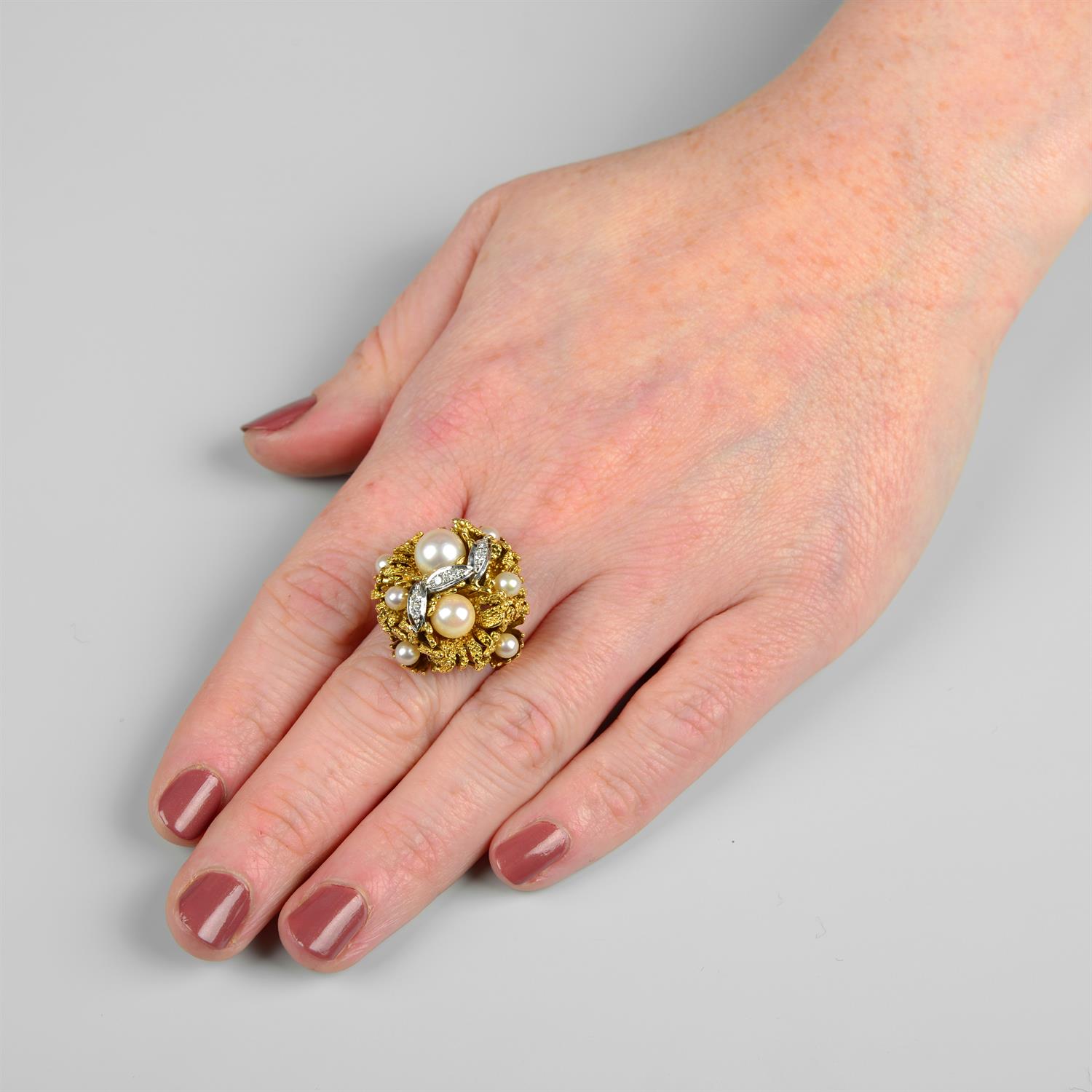 A mid 20th century 18ct gold cultured pearl and single-cut diamond floral bombé ring. - Image 5 of 5