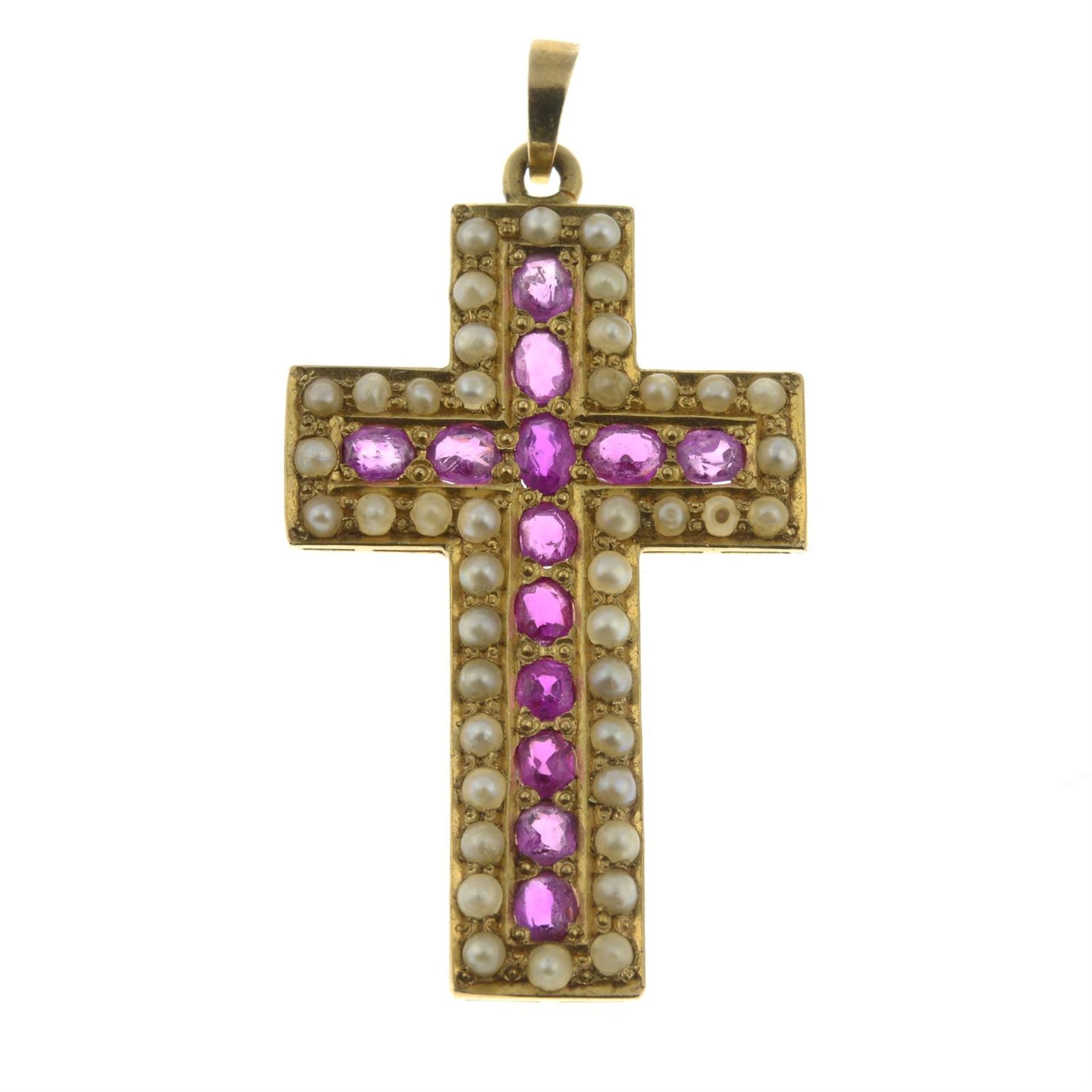 A late 19th century gold ruby, synthetic ruby and split pearl cross pendant. - Image 2 of 4