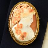 A late 19th century 15ct gold shell cameo brooch, carved to depict a bacchante.