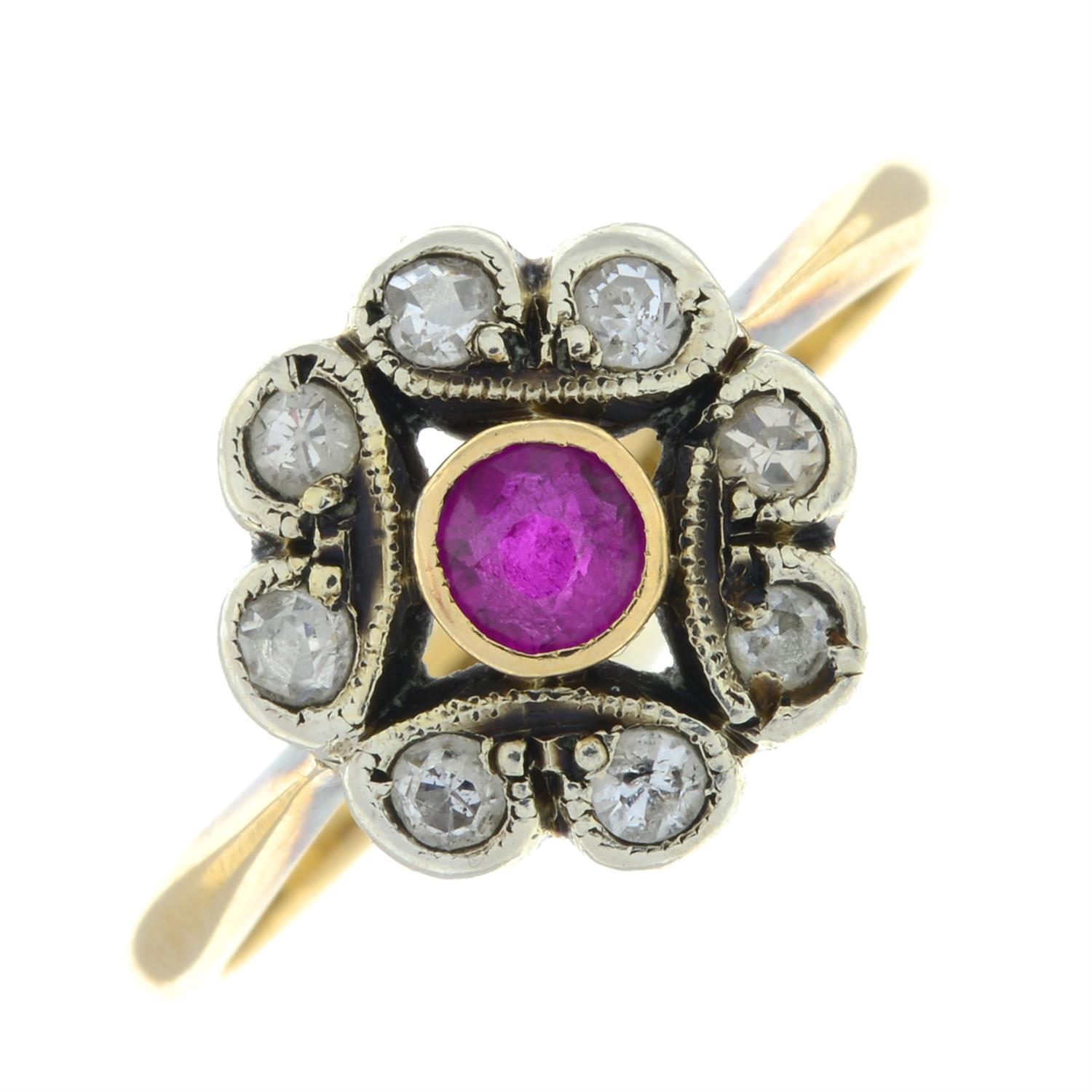 A mid 20th century 18ct gold ruby and single-cut diamond floral cluster ring. - Image 2 of 4