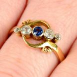 An early 20th century 18ct gold and platinum sapphire and old-cut diamond five-stone crossover ring.