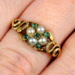 An early to mid 19th century gold emerald and split pearl mourning ring, with snake shoulders.