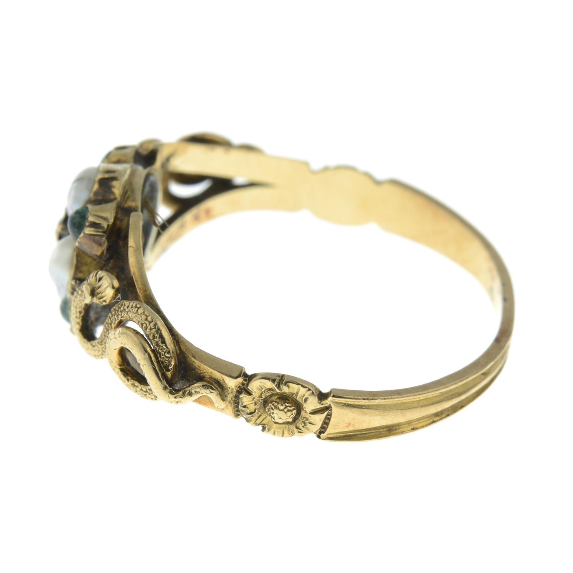 An early to mid 19th century gold emerald and split pearl mourning ring, with snake shoulders. - Image 3 of 5