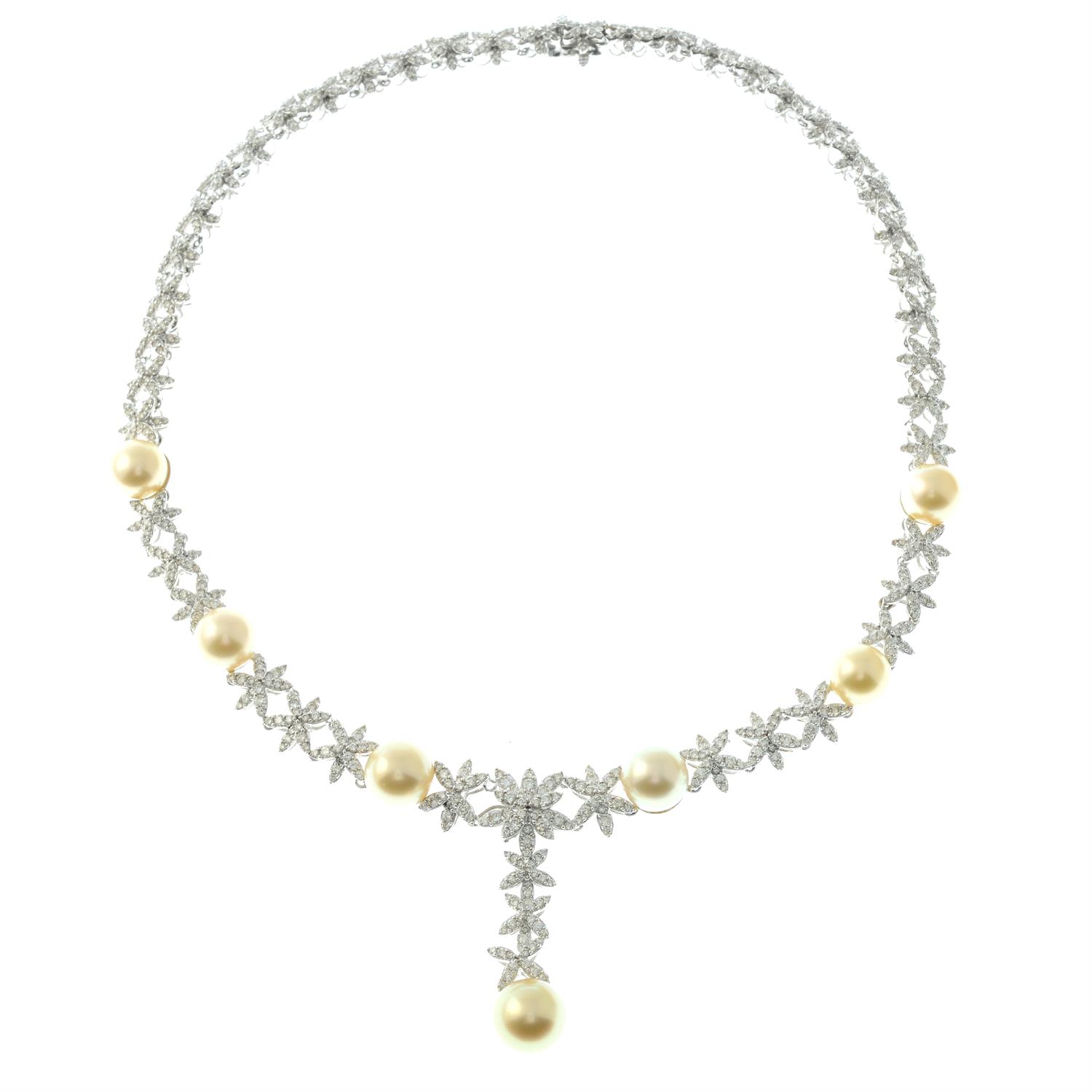 A necklace, designed as a series of graduated brilliant-cut diamond flowers, with cultured pearl - Image 2 of 4