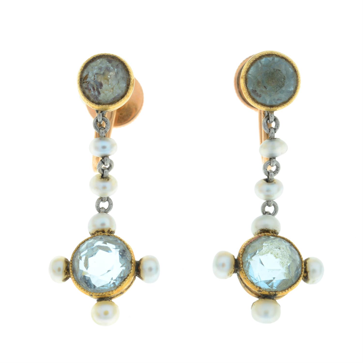 A pair of early 20th century gold aquamarine and seed pearl drop earrings. - Image 2 of 3