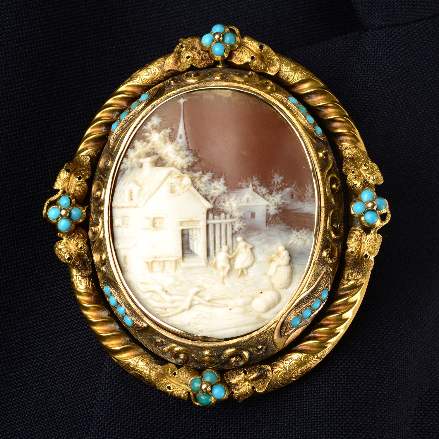 A mid to late 19th century gold and turquoise mounted shell cameo and glazed panel swivel brooch,