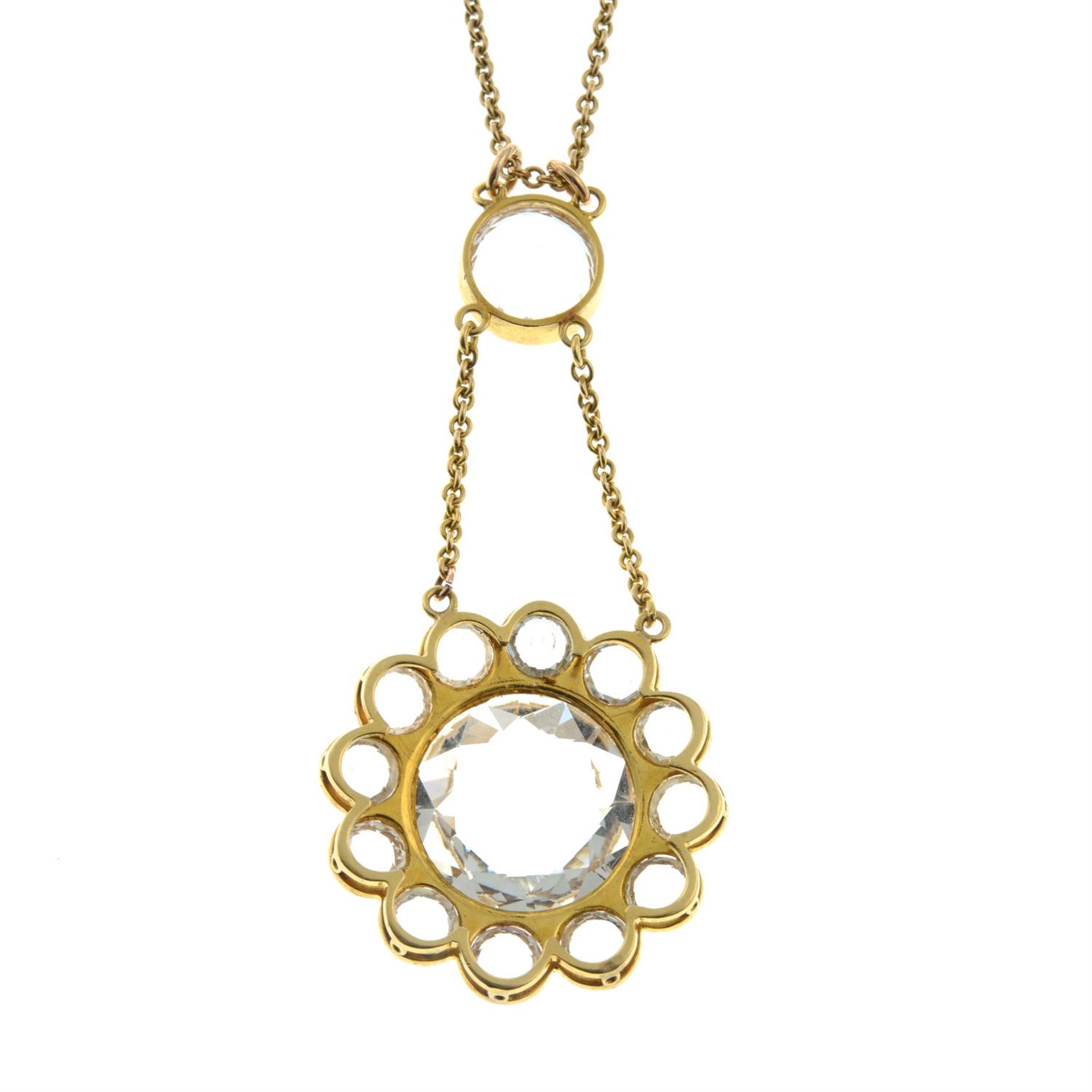 A composite 19th century gold colourless and light blue topaz cluster pendant, on chain. - Image 3 of 5