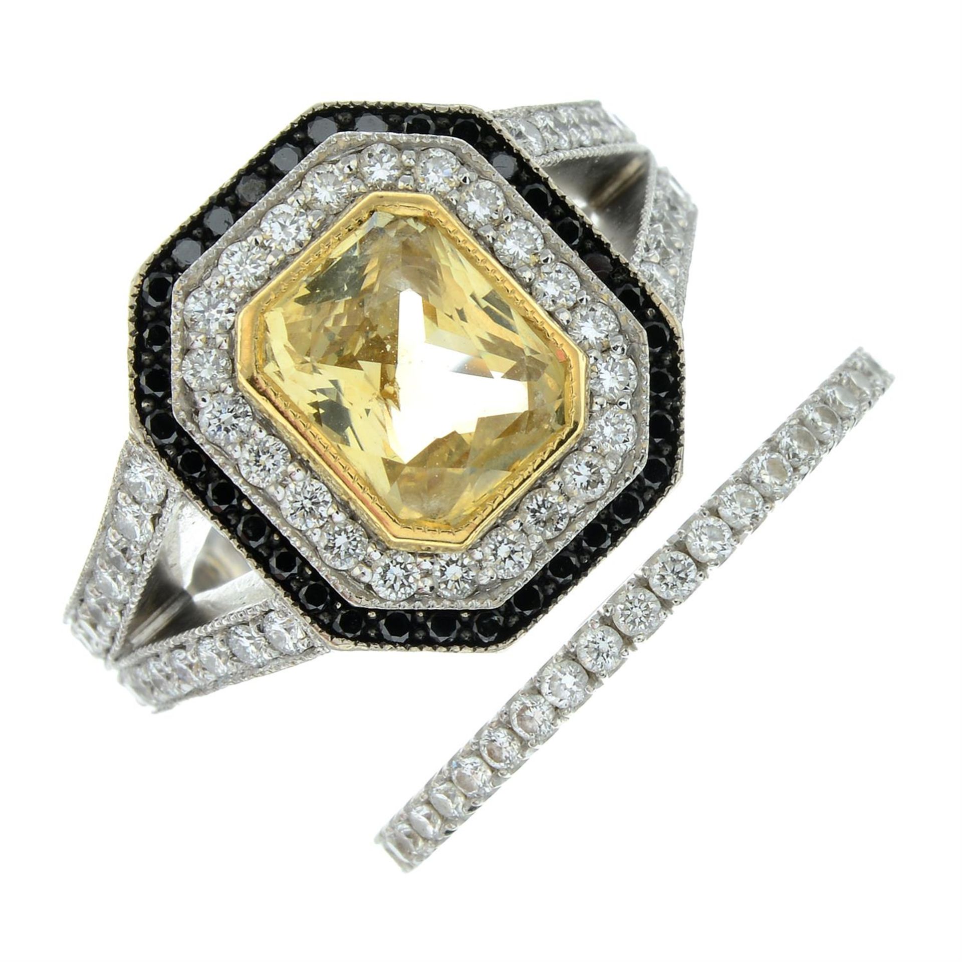 An 18ct gold yellow sapphire, brilliant-cut diamond and black diamond cluster ring, - Image 2 of 5