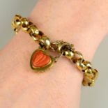 A 19th century gold foliate engraved and faceted bead bracelet, with coral heart locket padlock