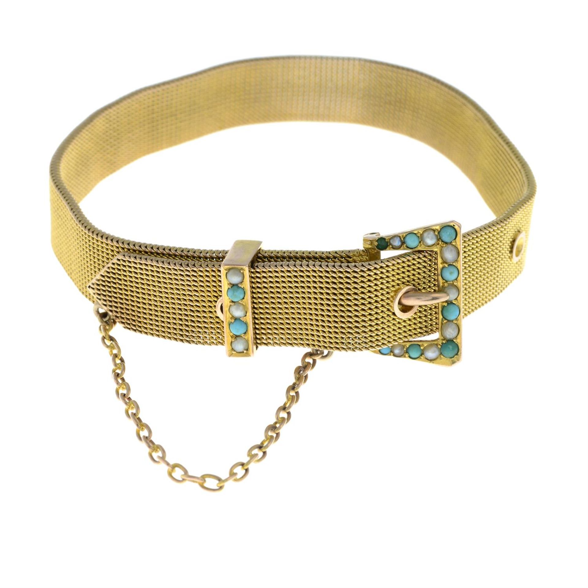 An early 20th century 9ct gold mesh buckle bracelet, with turquoise and split pearl highlights. - Image 2 of 3