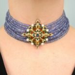 A faceted tanzanite bead multi-strand choker, with sapphire, citrine, cultured pearl and enamel
