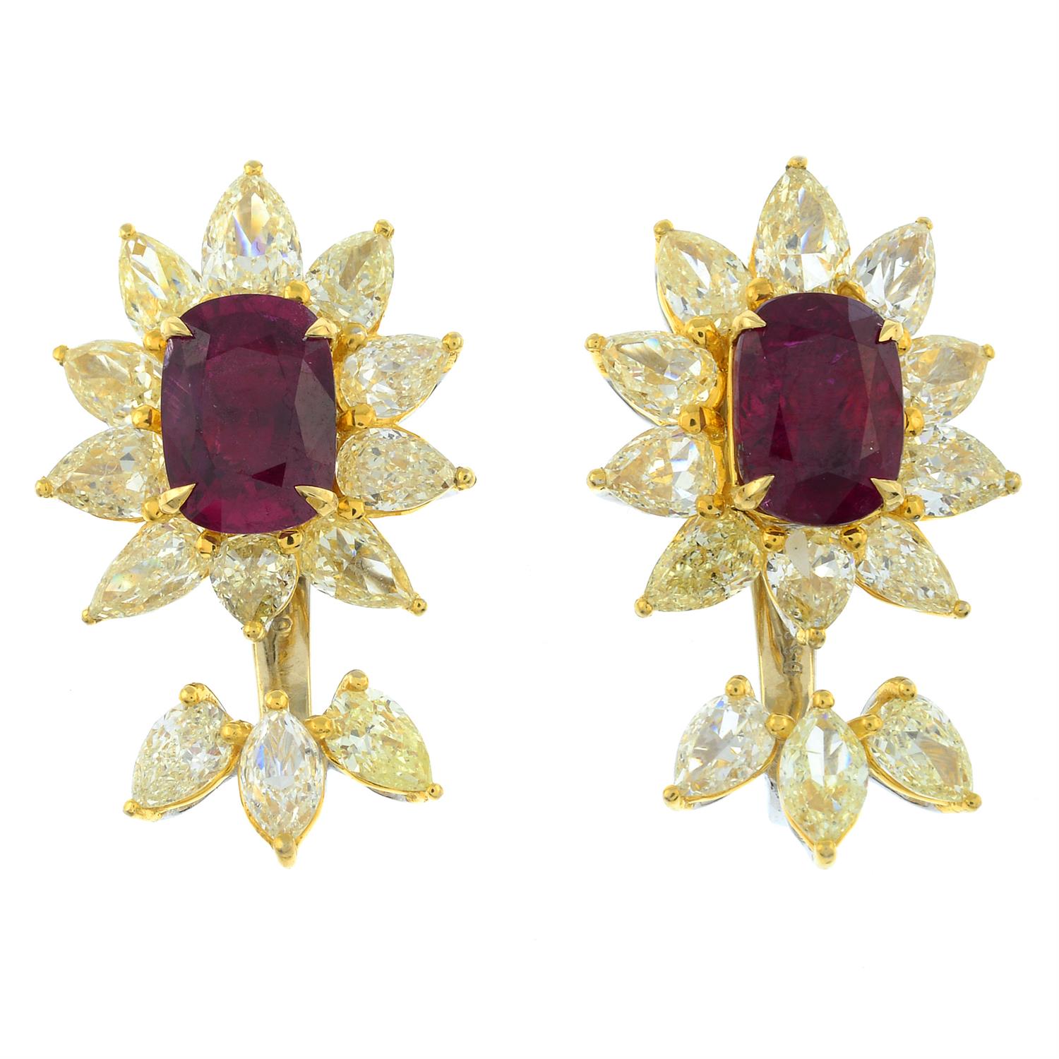 A pair of 'pigeon's blood' Burma ruby and pear-shape diamond cluster earrings, with marquise and - Image 2 of 6