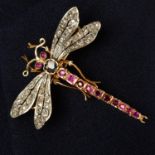 A late 19th century ruby, rose-cut diamond and sapphire dragonfly brooch.