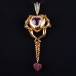 An amethyst cabochon heart and diamond 'Philosophy of Love' pendant, with pavé-set ruby heart drop,