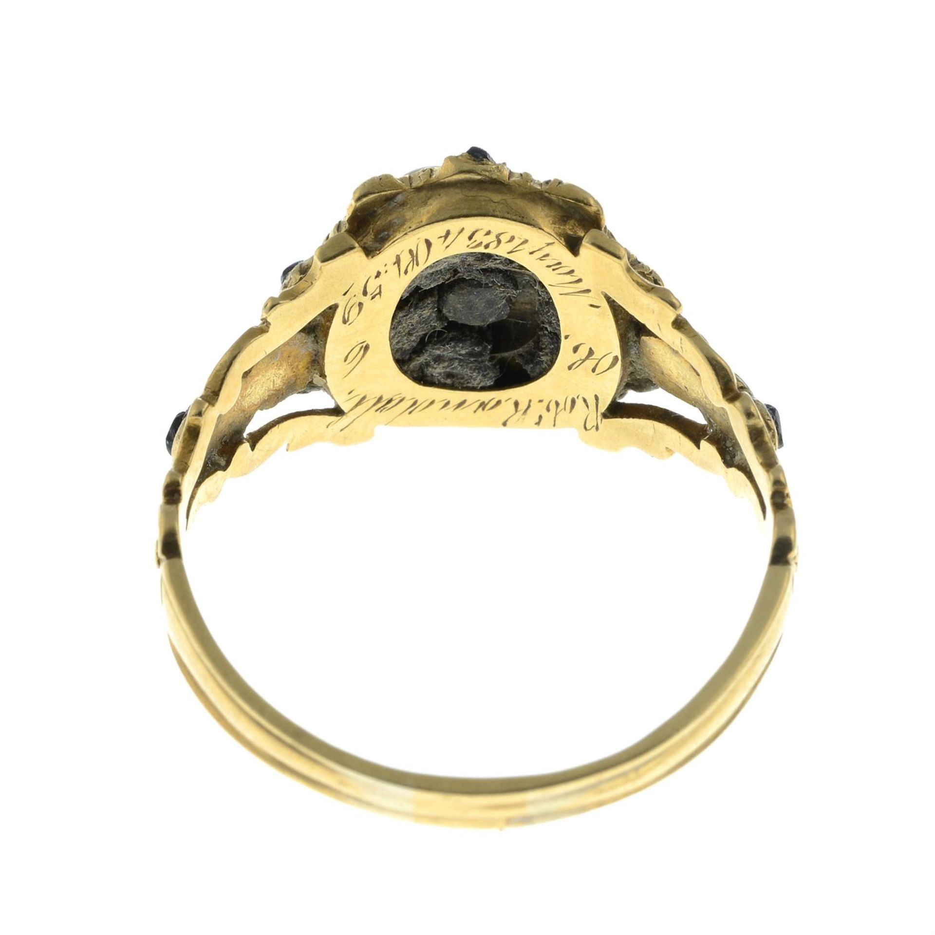 A Georgian 18ct gold black garnet, split pearl and old-cut diamond mourning ring, - Image 4 of 5