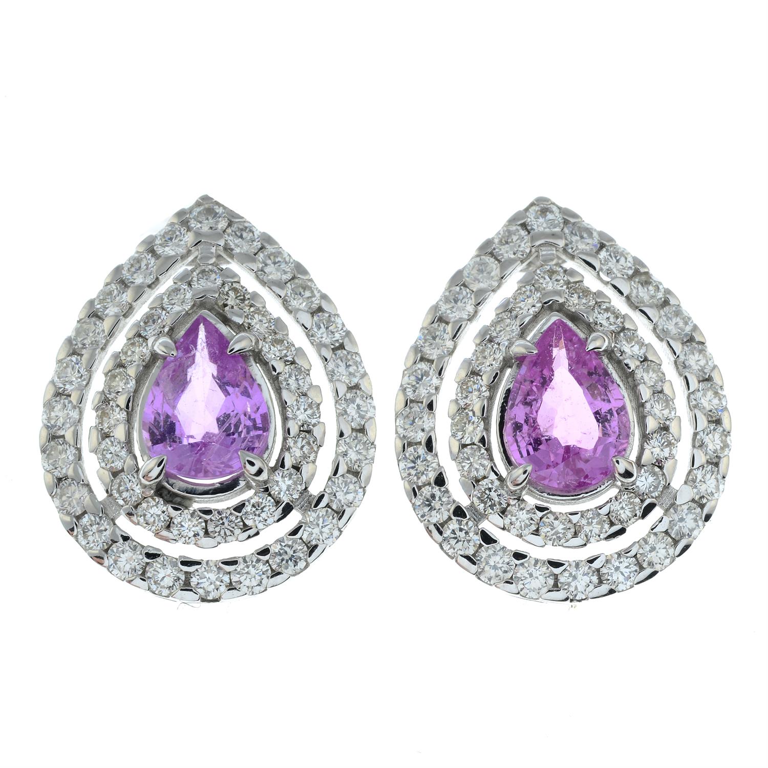 A pair of pink sapphire and brilliant-cut diamond cluster earrings. - Image 2 of 3