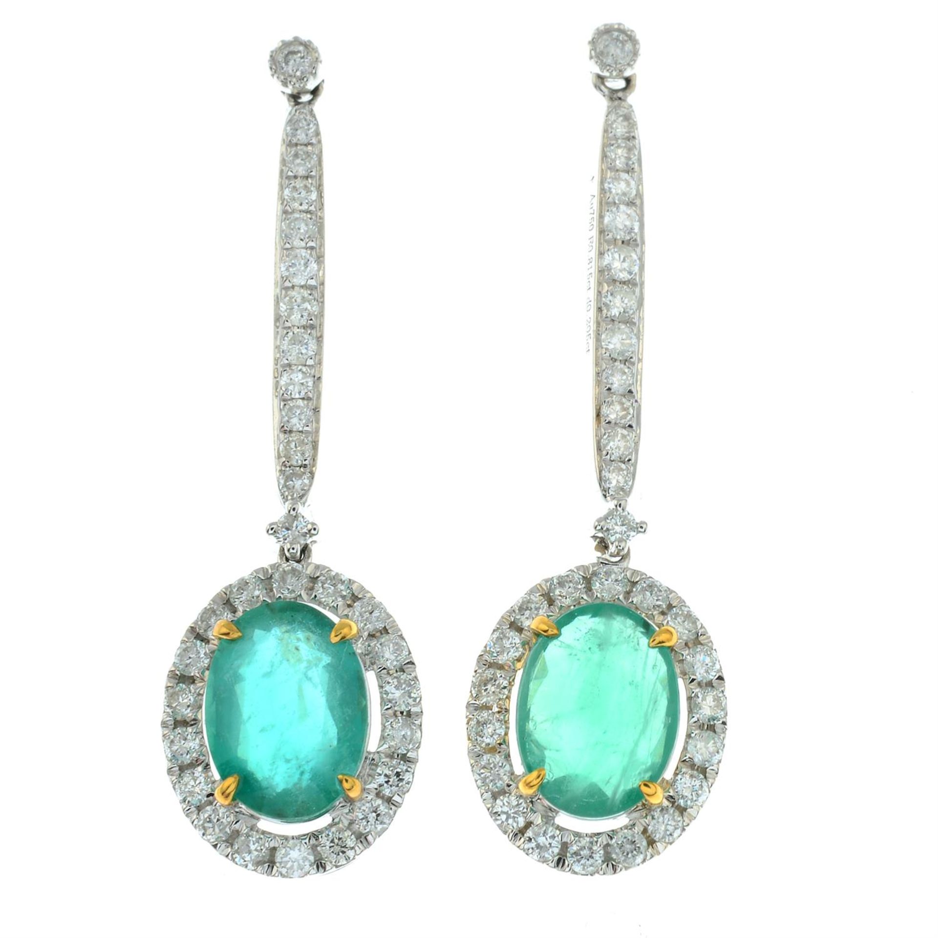 A pair of emerald and brilliant-cut diamond earrings. - Image 2 of 3