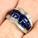 A calibre-cut sapphire and rectangular-shape diamond dress ring.