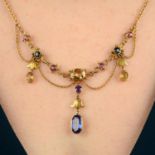 A late 19th century gold vari-hue sapphire, yellow zircon and citrine fringe necklace.