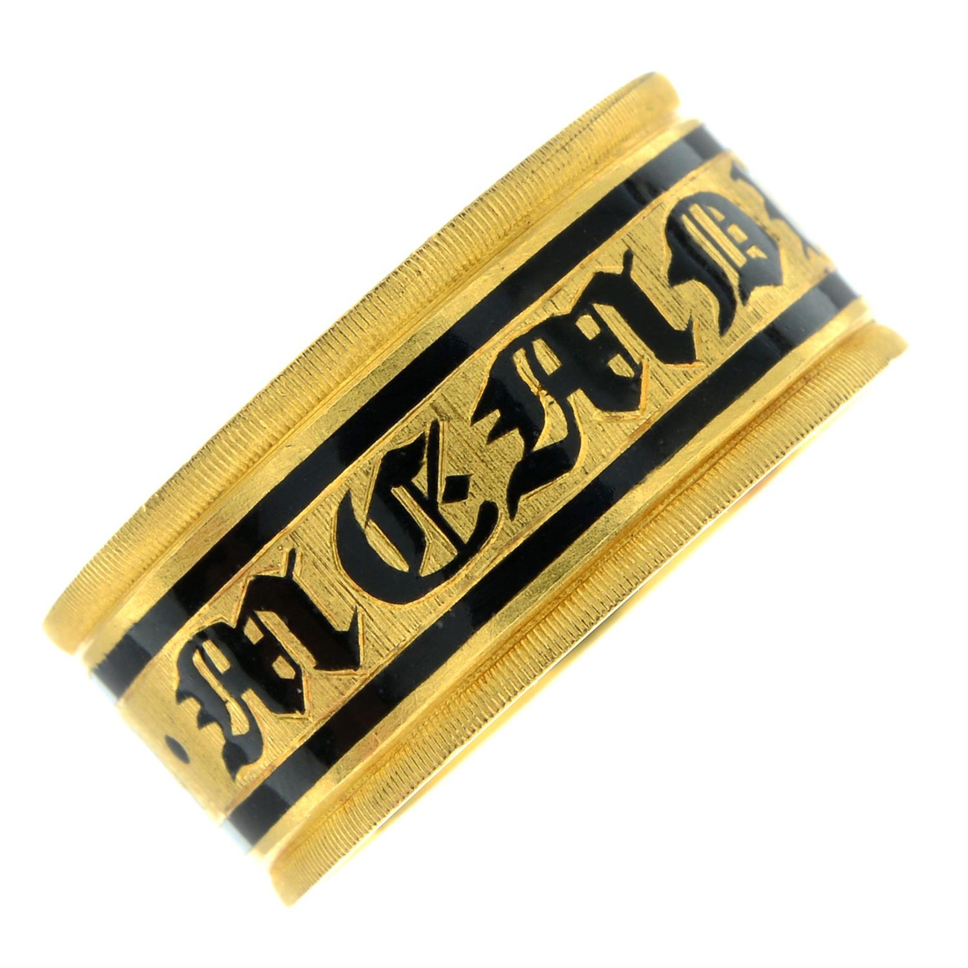 A late Georgian gold black enamel 'In Memory Of' memorial band ring. - Bild 2 aus 5