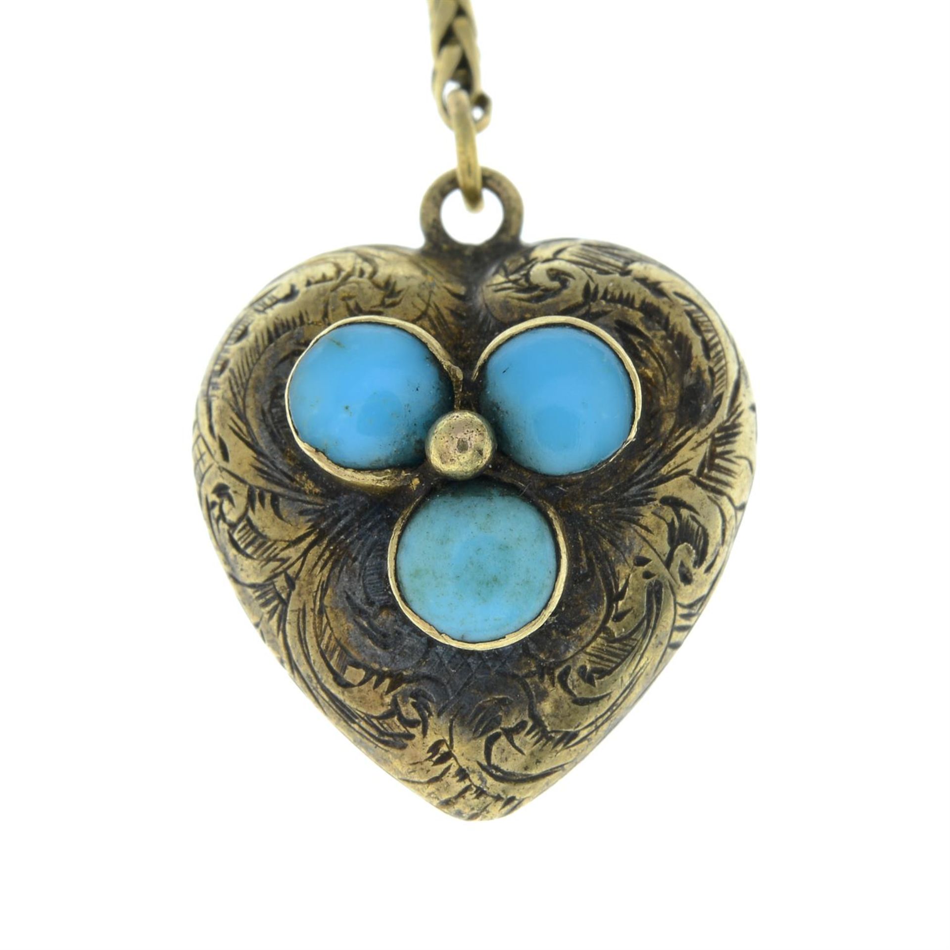 A late 19th century gold turquoise and scrolling foliate engraved heart locket, on small section of - Image 2 of 4