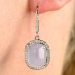 A pair of chalcedony and brilliant-cut diamond cluster drop earrings.