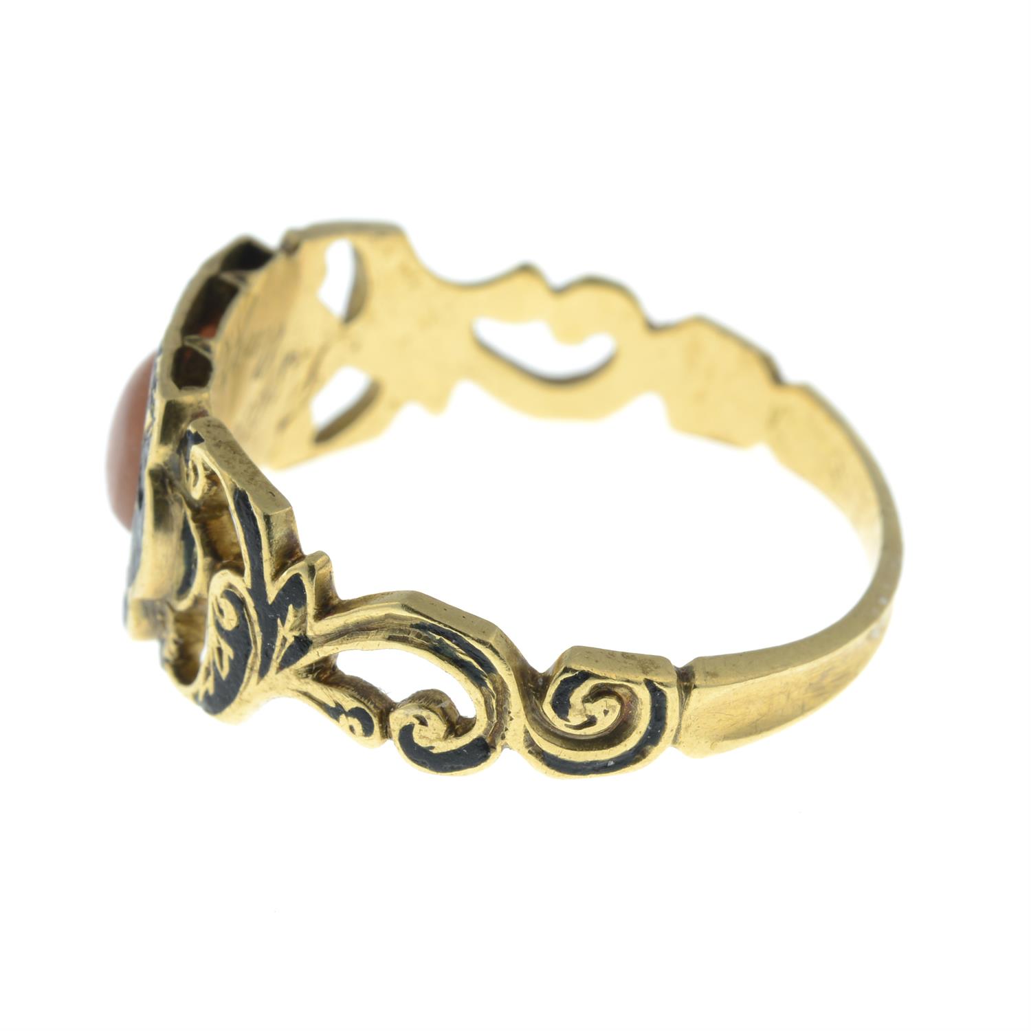 A mid Victorian 18ct gold coral and black enamel 'In Memory Of' mourning ring. - Image 3 of 5